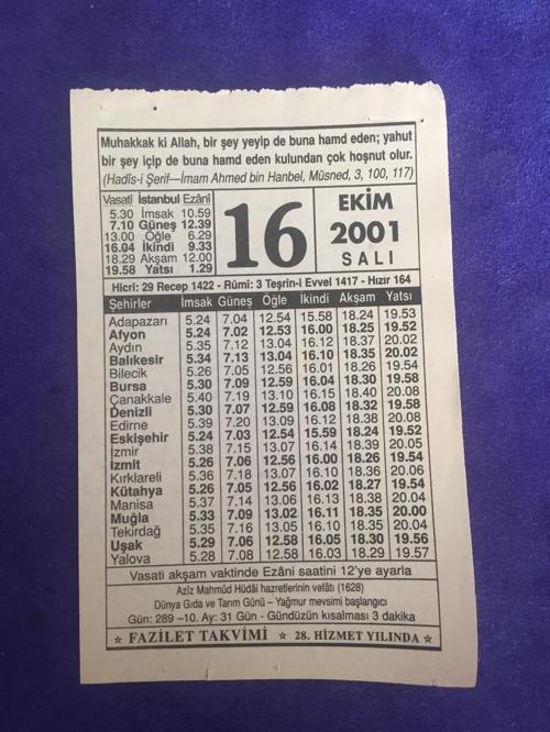 16 Ekim 2001 Takvim Yaprağı - Nostalji Koleksiyonluk Takvim Yaprağı