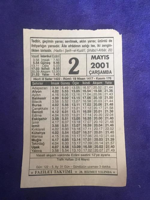 2 Mayıs 2001 Takvim Yaprağı - Nostalji Koleksiyonluk Takvim Yaprağı