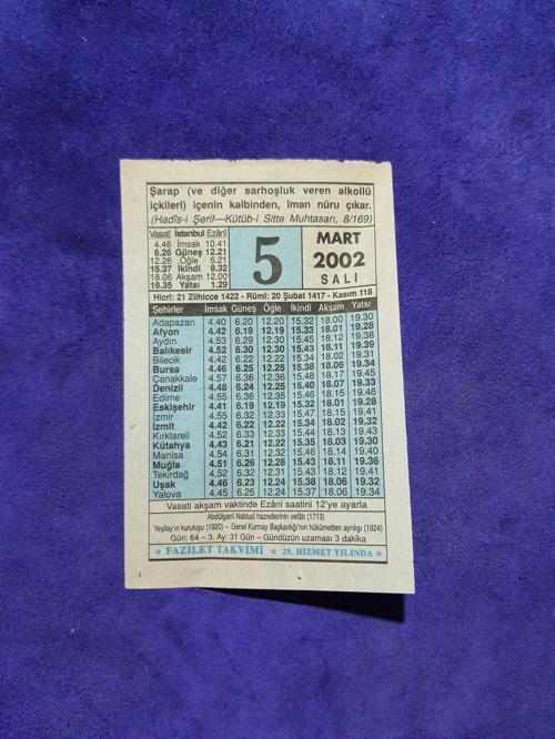 5 Mart 2002 Takvim Yaprağı - Nostalji Koleksiyonluk Takvim Yaprağı A