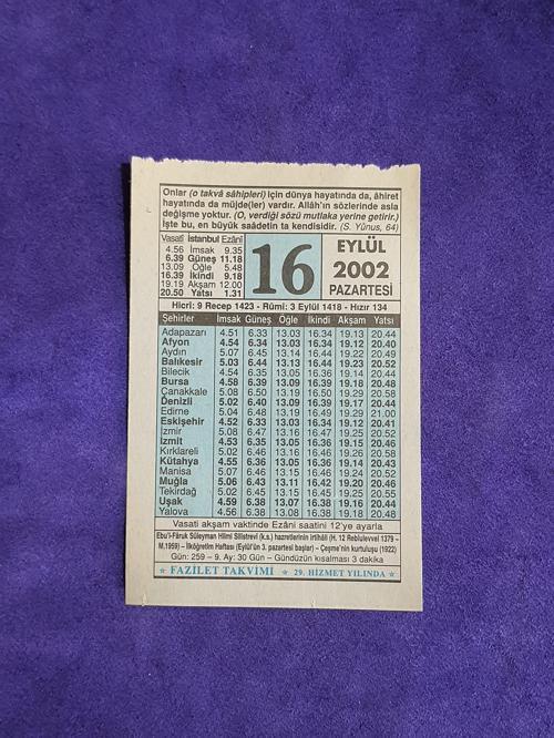 16 Eylül 2002 Takvim Yaprağı - Nostalji Koleksiyonluk Takvim Yaprağı