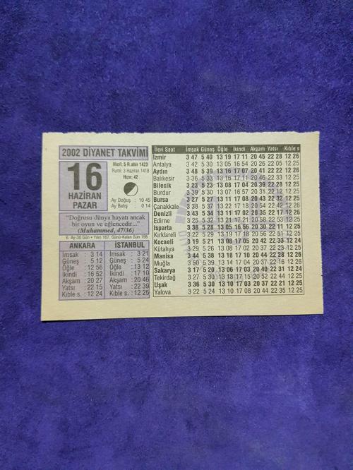 16 Haziran 2002 Takvim Yaprağı - Nostalji Koleksiyonluk Takvim Yaprağı A