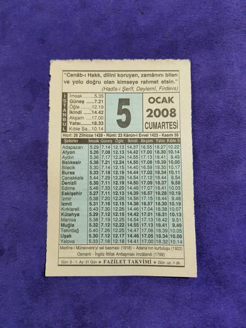 5 Ocak 2008 Takvim Yaprağı - Nostaljik Koleksiyonluk Takvim Yaprağı