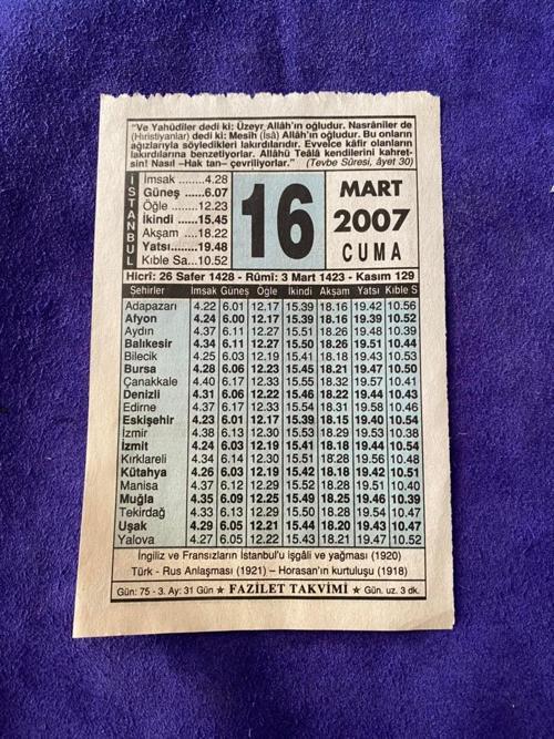 16 Mart 2007 Takvim Yaprağı - Nostalji Koleksiyonluk Takvim Yaprağı