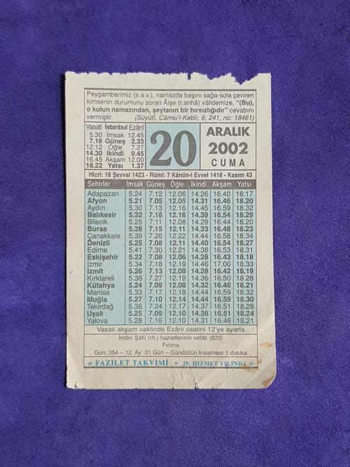 20 Aralık 2002 Takvim Yaprağı - Nostalji Koleksiyonluk Takvim Yaprağı
