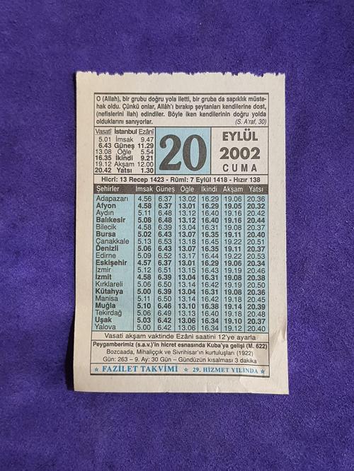 20 Eylül 2002 Takvim Yaprağı - Nostalji Koleksiyonluk Takvim Yaprağı 