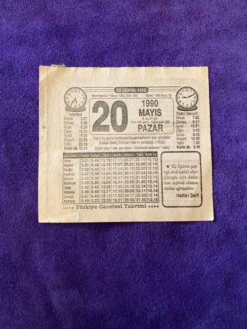 20 Mayıs 1990 Takvim Yaprağı - Nostalji Koleksiyonluk Takvim Yaprağı