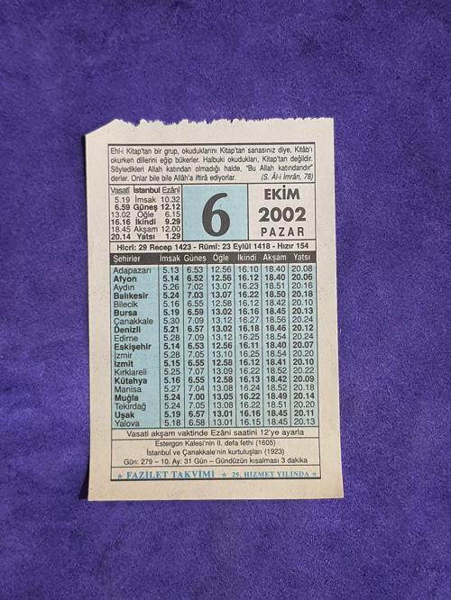 6 Ekim 2002 Takvim Yaprağı - Nostalji Koleksiyonluk Takvim Yaprağı