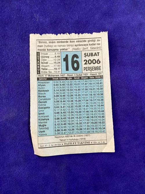 16 Şubat 2006 Takvim Yaprağı - Nostalji Koleksiyonluk Takvim Yaprağı