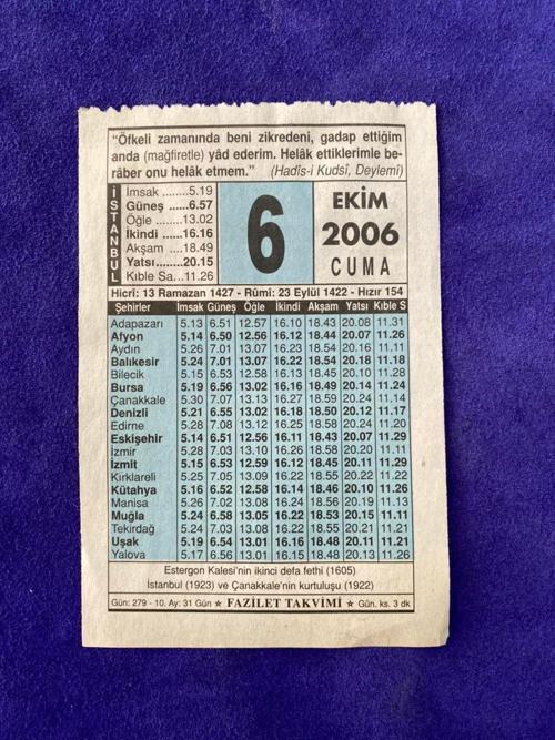 6 Ekim 2006 Takvim Yaprağı - Nostalji Koleksiyonluk Takvim Yaprağı