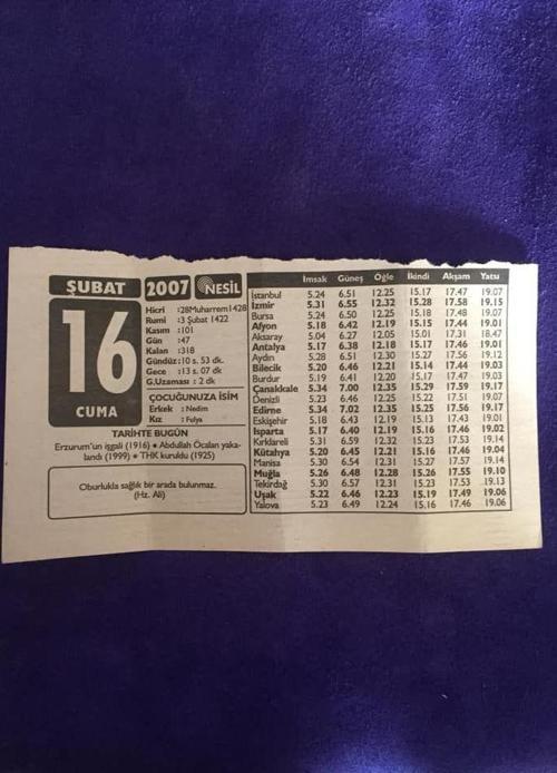 16 Şubat 2007 Takvim Yaprağı - Nostalji Koleksiyonluk Takvim Yaprağı B