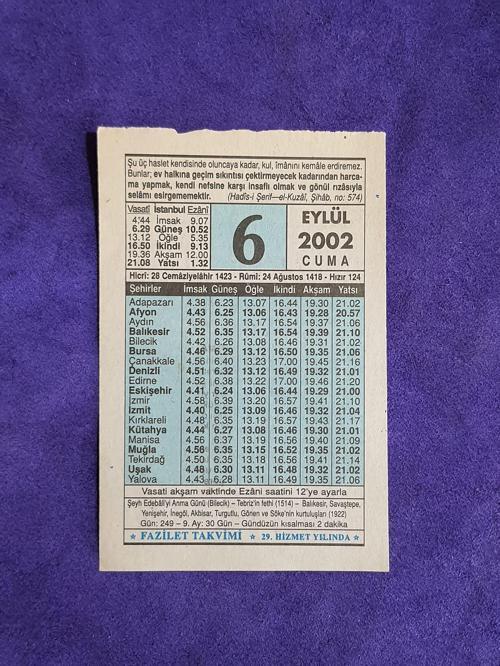 6 Eylül 2002 Takvim Yaprağı - Nostalji Koleksiyonluk Takvim Yaprağı