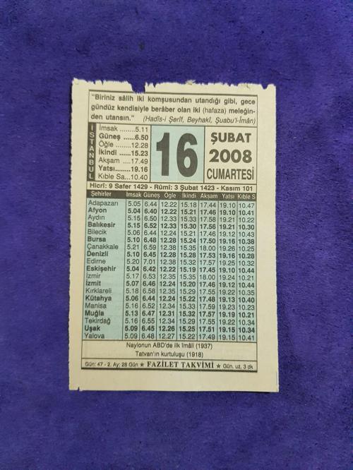 16 Şubat 2008 Takvim Yaprağı - Nostaljik Koleksiyonluk Takvim Yaprağı