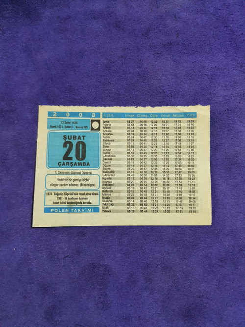 20 Şubat 2008 Takvim Yaprağı - Nostaljik Koleksiyonluk Takvim Yaprağı