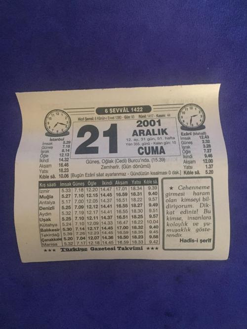 21 Aralık 2001 Takvim Yaprağı - Nostalji Koleksiyonluk Takvim Yaprağı B