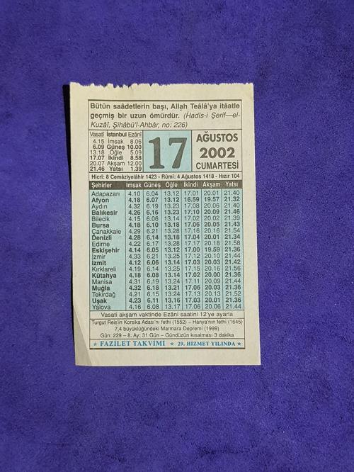 17 Ağustos 2002 Takvim Yaprağı - Nostalji Koleksiyonluk Takvim Yaprağı