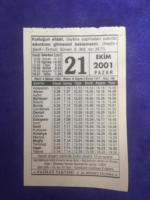 21 Ekim 2001 Takvim Yaprağı - Nostalji Koleksiyonluk Takvim Yaprağı