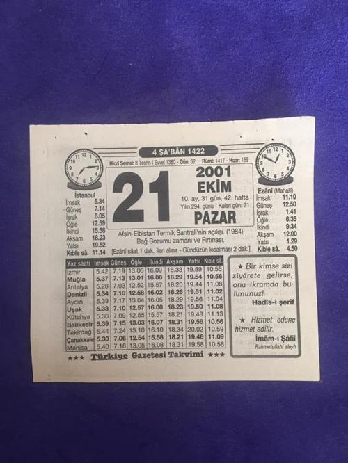 21 Ekim 2001 Takvim Yaprağı - Nostalji Koleksiyonluk Takvim Yaprağı B