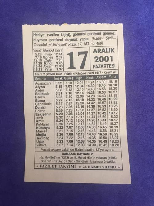 17 Aralık 2001 Takvim Yaprağı - Nostalji Koleksiyonluk Takvim Yaprağı
