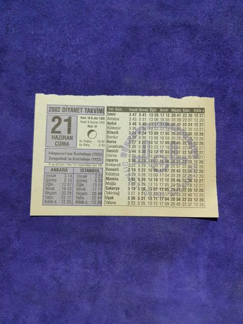 21 Haziran 2002 Takvim Yaprağı - Nostalji Koleksiyonluk Takvim Yaprağı A