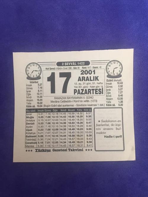 17 Aralık 2001 Takvim Yaprağı - Nostalji Koleksiyonluk Takvim Yaprağı B