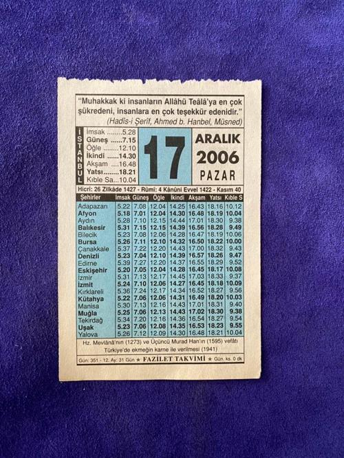 17 Aralık 2006 Takvim Yaprağı - Nostalji Koleksiyonluk Takvim Yaprağı