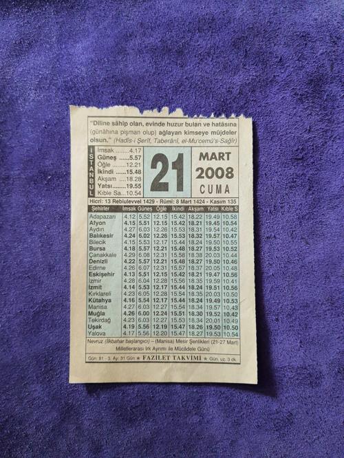 21 Mart 2008 Takvim Yaprağı - Nostaljik Koleksiyonluk Takvim Yaprağı A