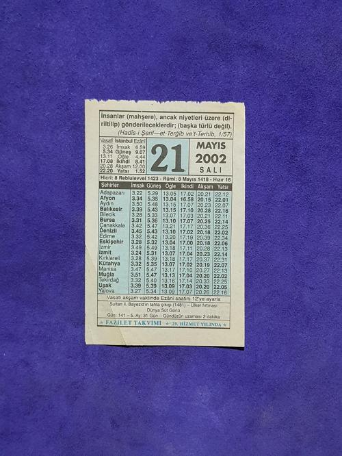 21 Mayıs 2002 Takvim Yaprağı - Nostalji Koleksiyonluk Takvim Yaprağı A
