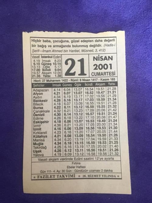 21 Nisan 2001 Takvim Yaprağı - Nostalji Koleksiyonluk Takvim Yaprağı
