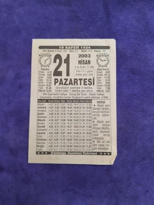21 Nisan 2003 Takvim Yaprağı - Nostaljik Koleksiyonluk Takvim Yaprağı