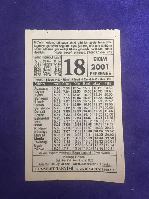 18 Ekim 2001 Takvim Yaprağı - Nostalji Koleksiyonluk Takvim Yaprağı