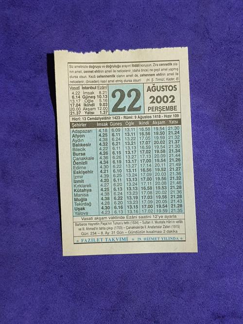 22 Ağustos 2002 Takvim Yaprağı - Nostalji Koleksiyonluk Takvim Yaprağı 