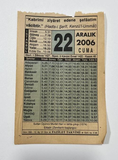 22 Aralık 2006 Takvim Yaprağı - Nostaljik Koleksiyonluk Takvim Yaprağı