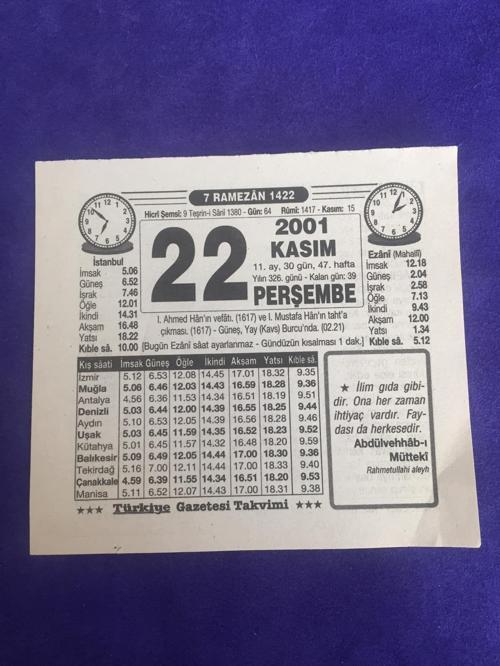 22 Kasım 2001 Takvim Yaprağı - Nostalji Koleksiyonluk Takvim Yaprağı B