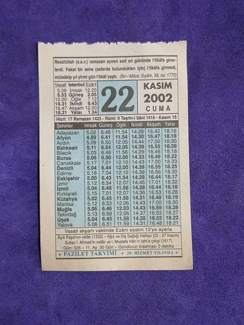 22 Kasım 2002 Takvim Yaprağı - Nostalji Koleksiyonluk Takvim Yaprağı