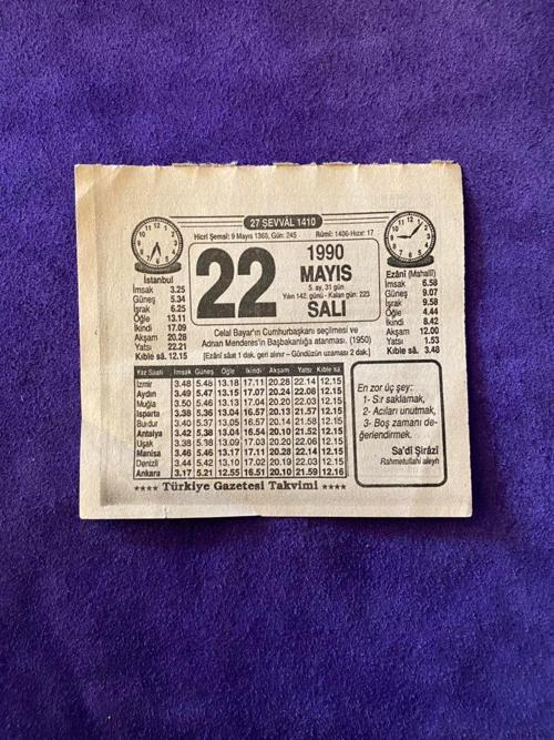 22 Mayıs 1990 Takvim Yaprağı - Nostalji Koleksiyonluk Takvim Yaprağı