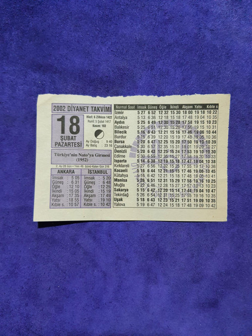 18 Şubat 2002 Takvim Yaprağı - Nostaljik Koleksiyonluk Takvim Yaprağı