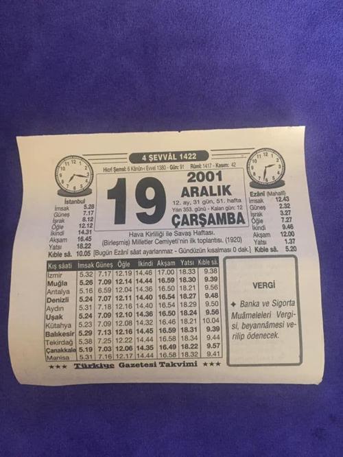 19 Aralık 2001 Takvim Yaprağı - Nostalji Koleksiyonluk Takvim Yaprağı B
