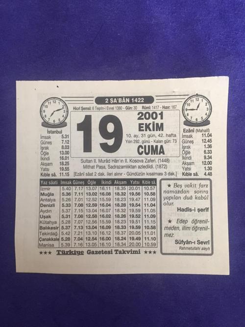 19 Ekim 2001 Takvim Yaprağı - Nostalji Koleksiyonluk Takvim Yaprağı B