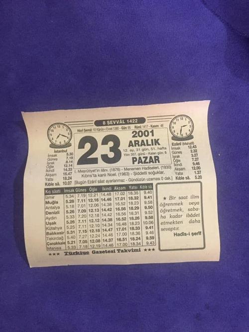 23 Aralık 2001 Takvim Yaprağı - Nostalji Koleksiyonluk Takvim Yaprağı B