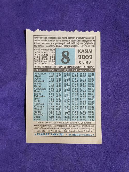 8 Kasım 2002 Takvim Yaprağı - Nostalji Koleksiyonluk Takvim Yaprağı