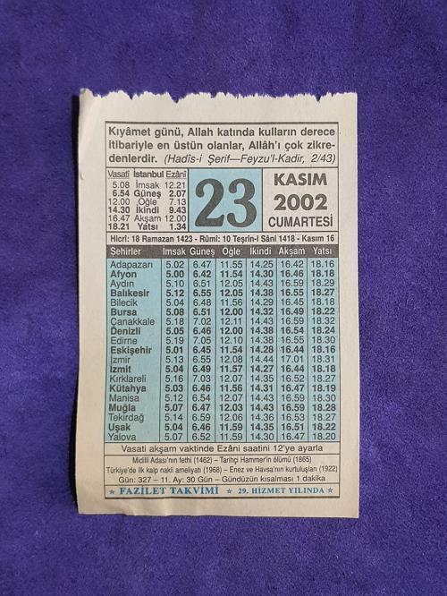 23 Kasım 2002 Takvim Yaprağı - Nostalji Koleksiyonluk Takvim Yaprağı