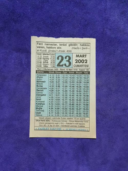 23 Mart 2002 Takvim Yaprağı - Nostalji Koleksiyonluk Takvim Yaprağı A