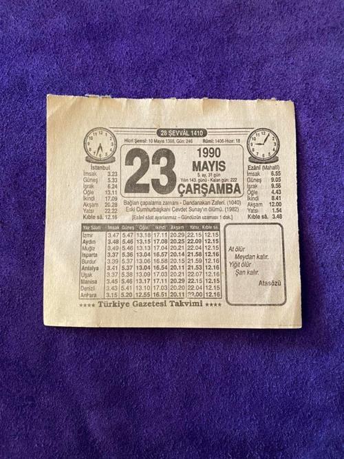 23 Mayıs 1990 Takvim Yaprağı - Nostalji Koleksiyonluk Takvim Yaprağı