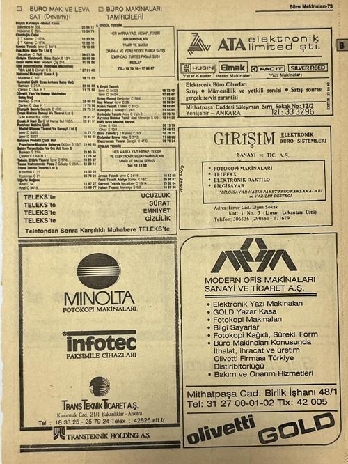 Ankara 1986 Meslek Reklam İlanı Efemera S73
