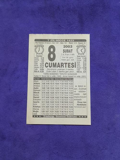 8 Şubat 2003 Takvim Yaprağı - Nostaljik Koleksiyonluk Takvim Yaprağı