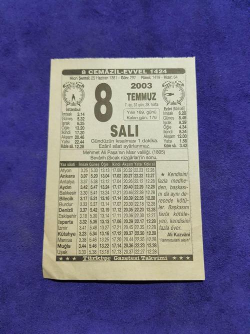 8 Temmuz 2003 Takvim Yaprağı - Nostaljik Koleksiyonluk Takvim Yaprağı