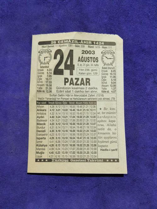 24 Ağustos 2003 Takvim Yaprağı - Nostaljik Koleksiyonluk Takvim Yaprağı