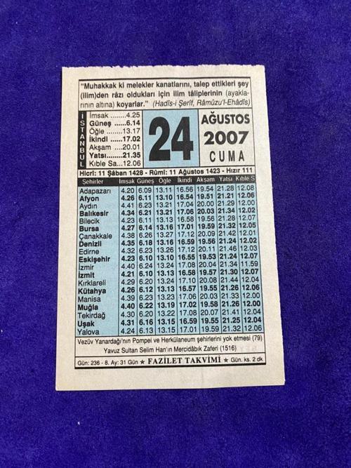 24 Ağustos 2007 Takvim Yaprağı - Nostalji Koleksiyonluk Takvim Yaprağı