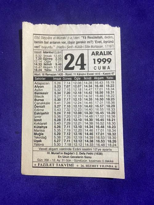 24 Aralık 1999 Takvim Yaprağı - Nostalji Koleksiyonluk Takvim Yaprağı