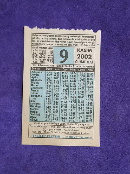9 Kasım 2002 Takvim Yaprağı - Nostalji Koleksiyonluk Takvim Yaprağı